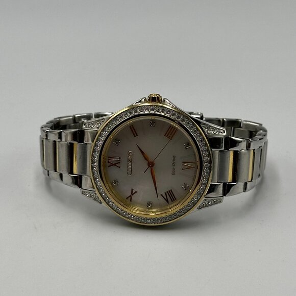 Citizen Eco Drive Watch Women Silver Gold MOP Dial Crystal Bezel Solar Powered - Picture 6 of 13